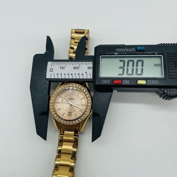 Fossil Mini Riley Watch Women Pave 30mm Gold Tone Date ES 2889 New Battery 6.5" - Picture 2 of 14